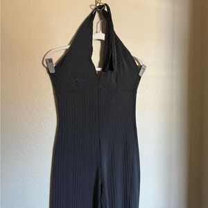 Vintage 90s does 70s Disco Striped‎ Halter Neck Jumpsuit Flared Slinky Sz Small